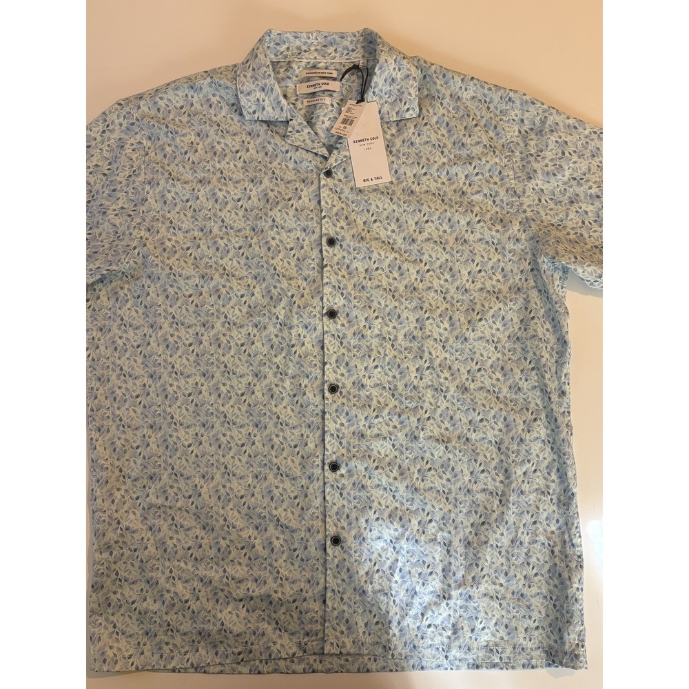 Kenneth Cole Men Button Up Shirt 2X Blue Floral Short Sleeve NWT